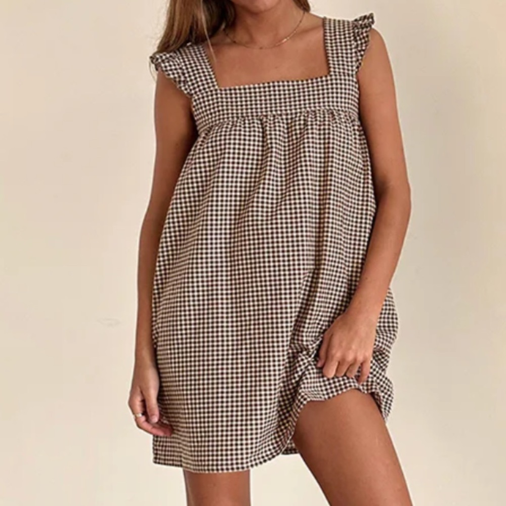 Motel Rocks Brown & White Gingham Babydoll Mini Dress